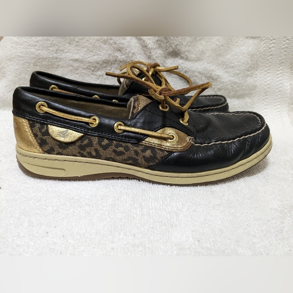 Sperry Topsiders Boat Shoes Black, Gold and Cheetah Print Sz 8 - Picture 2 of 8